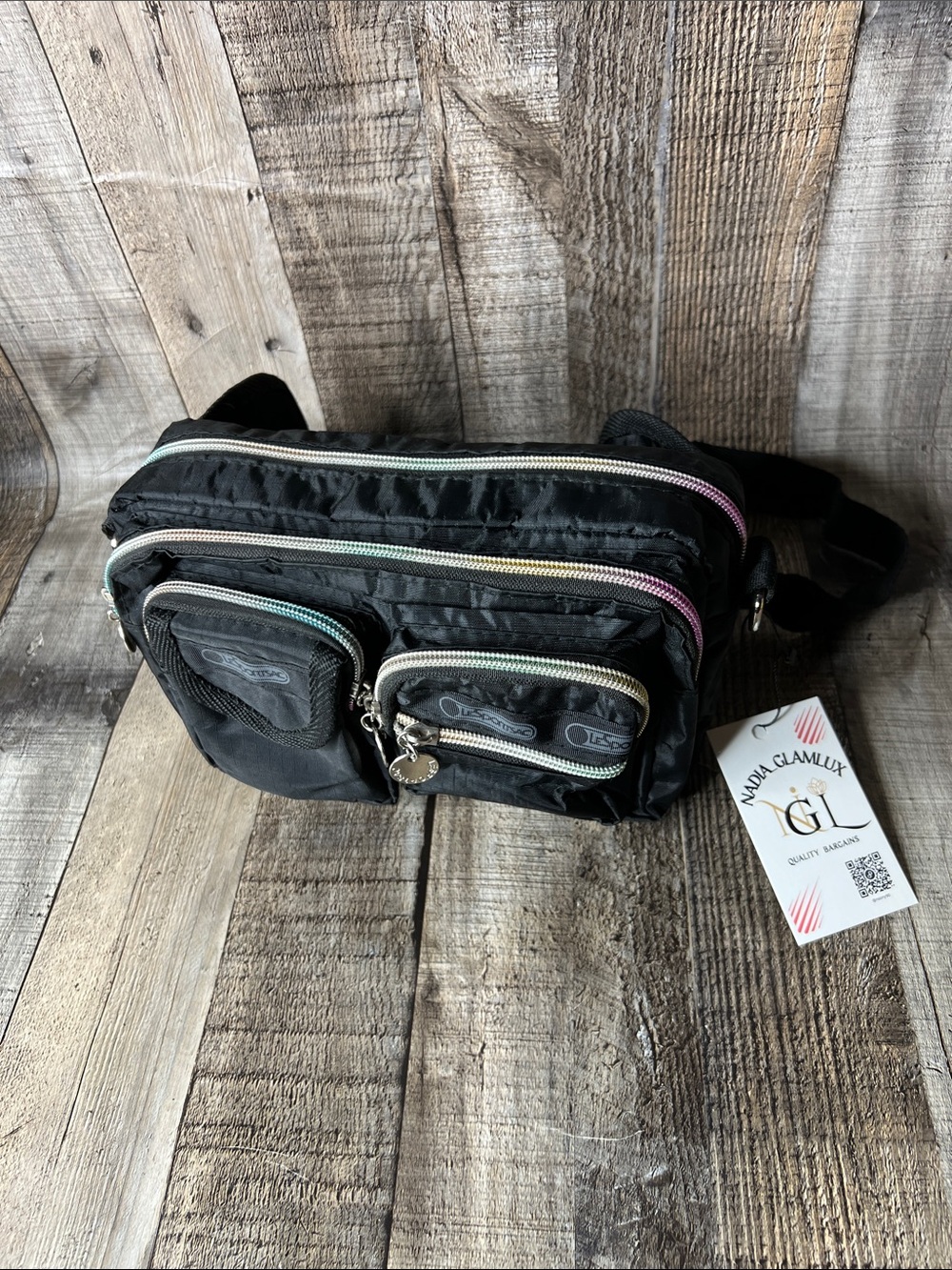 Lesportsac Black Belt Bag with Rainbow Zipper Accents